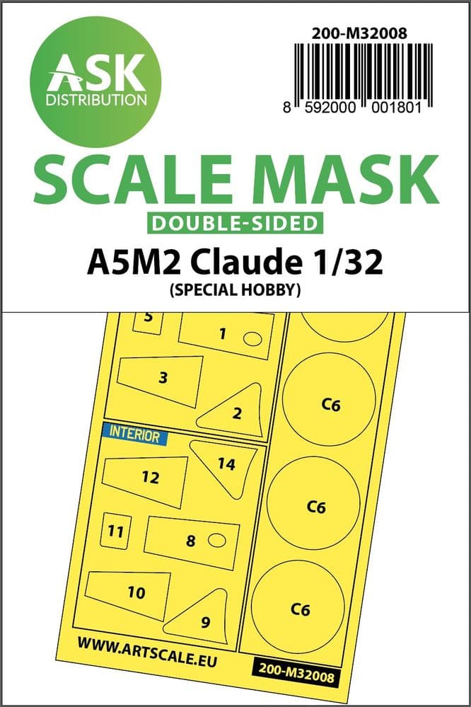 Art Scale 1/32 Mitsubishi A5M2 Claude Wheel & Canopy Masks (Inside & Outside) # 200-M32008