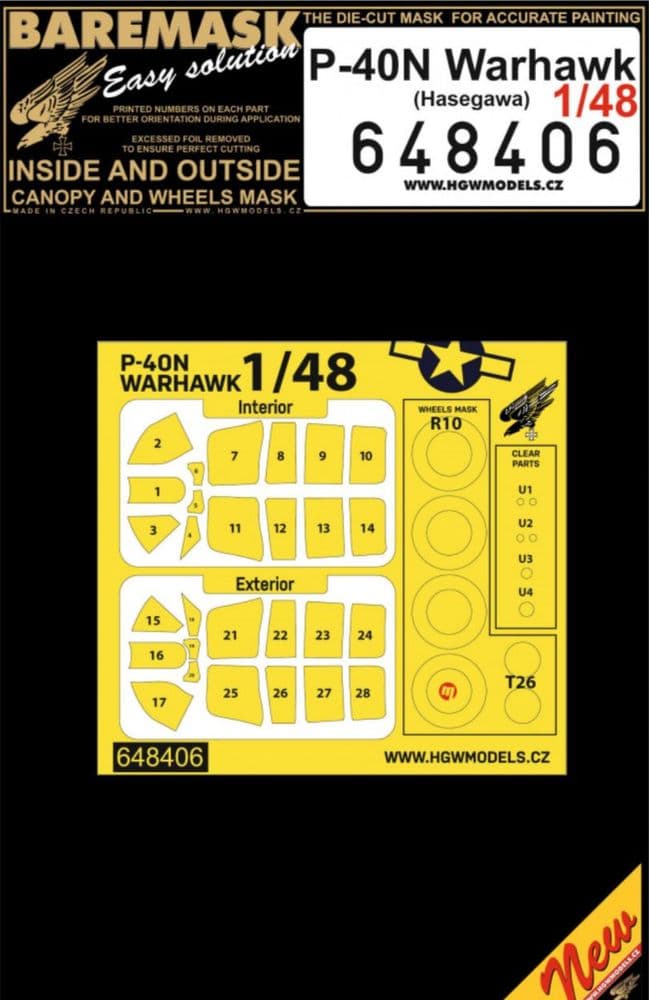 HGW 1/48 Curtiss P-40N Warhawk Inside and Outside Canopy & Wheels Paint Mask # 648406