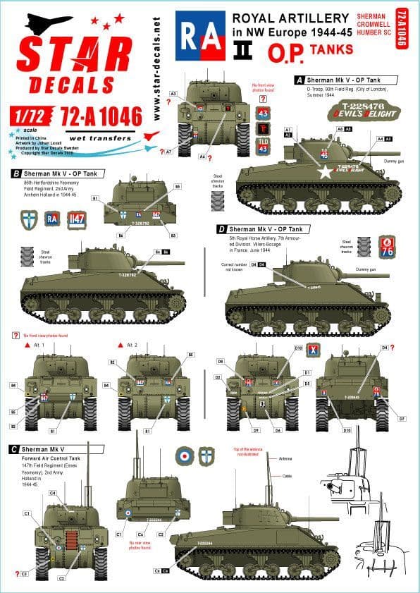 OP Tanks Star Decals 1/72 Royal Artillery in NW Europe 1944-45 Part 2