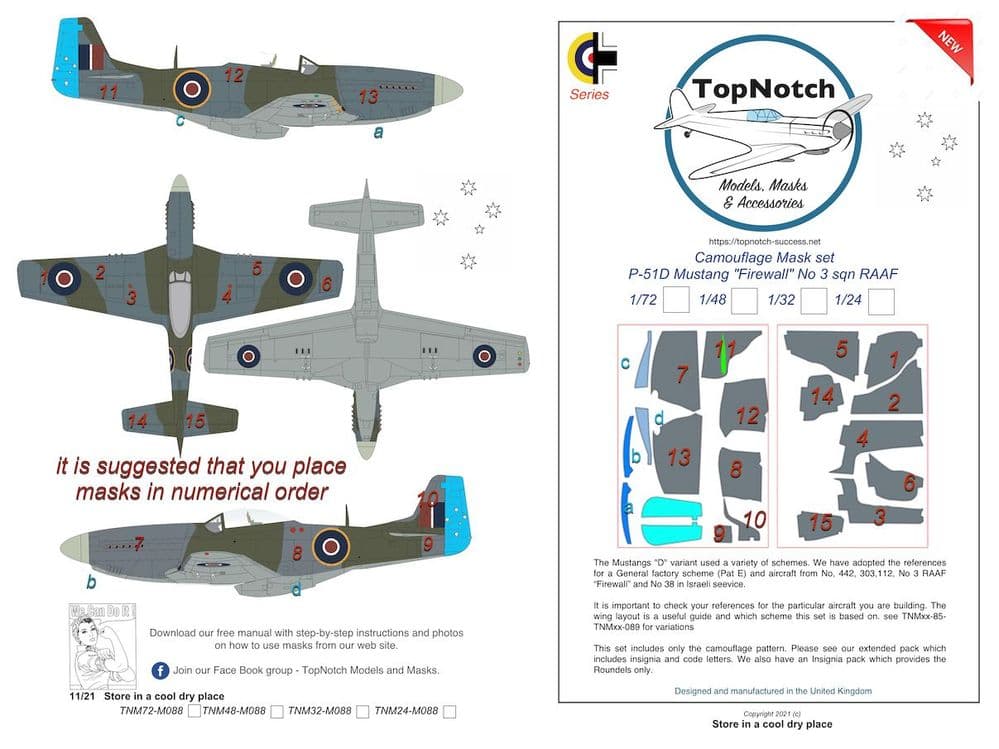 TopNotch 1/24 North-American P-51D Mustang "Firewall" No 3 sqn RAAF Camouflage Mask # 24-M088