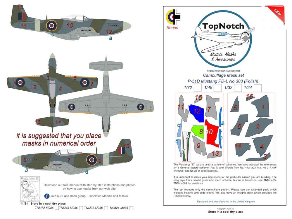 TopNotch 1/24 North-American P-51D Mustang PD-L No 303 (Polish) Camouflage Mask # 24-M086