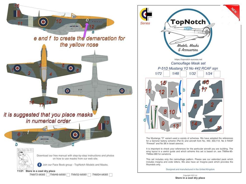 TopNotch 1/24 North-American P-51D Mustang Y2 No 442 RCAF sqn Camouflage Mask # 24-M085